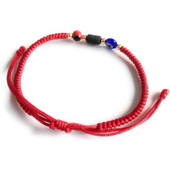 Powerful Prosperity Red Unisex Evil Eye Bracelet with Genuine Jet and Gold-Plate - Picture 2 of 6